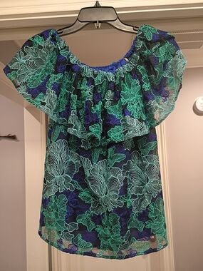 Trina Turk Blue & Green Floral Embroidered Off-Shoulder Blouse Size Small New